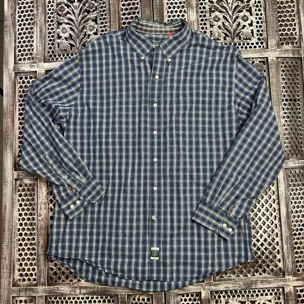 IZOD Mens Button Down Shirt XL Blue Plaid Cotton Classic Heritage Tartan